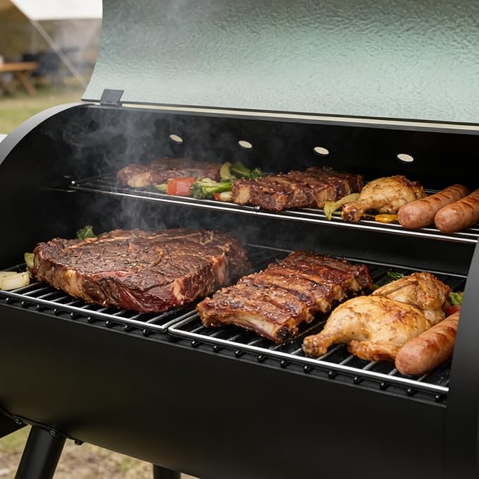 DAMNISS Electric Wood Pellet Smoker Grill 8 In 1 BBQ Grills for Outdoor Grill with Auto Feed & PID Temperature Control (180-450°F) and Rain Cover 456 Sq.In Cook Area for Backyard New House Gifts
