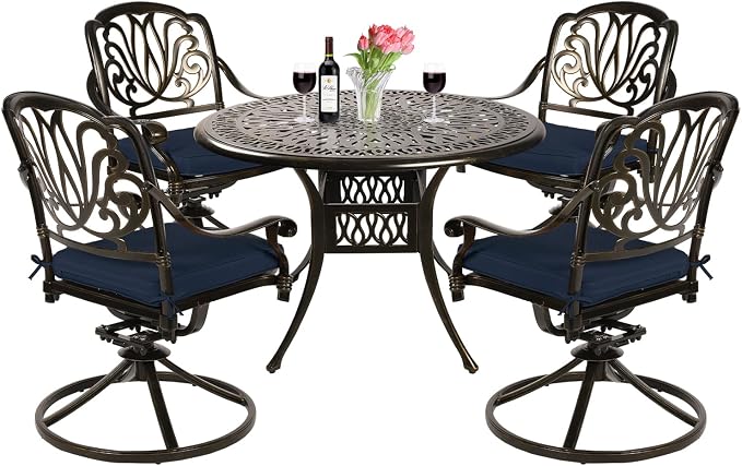 VIVIJASON 5-Piece Outdoor Patio Dining Set, All-Weather Cast Aluminum Conversation Set, Patio Furniture Set, Include 4 Swivel Dining Chairs, a 35.4" Round Table w/Umbrella Hole, Navy Blue Cushion