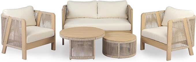 Christopher Knight Home Dalba 4-Seater Patio Furniture Set with Removable Cushion, 5 Piece Outdoor Acacia Wood Conversation Set, Wooden Outdoor Sectional Sofa Set, Beige+Light Teak