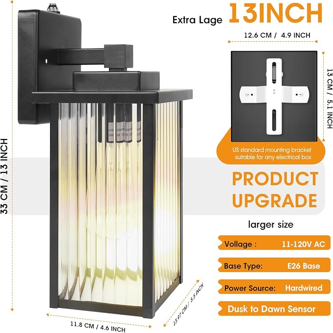 2-Pack 13" Black Dusk to Dawn Wall-Mounted Exterior Light Fixtures | Auto On and Off, Anti-Rust Metal Frame, Tempered Glass, E26 Socket, Easy DIY Install on Porch, Garage