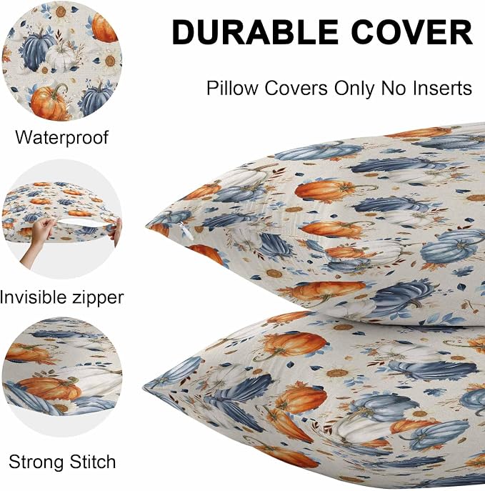 Fall Outdoor Throw Pillows Covers 20x12 inch Set of 2 Waterproof Orange Blue White Pumpkin Zippered Cushion Covers for Patio Furniture, Autumn Maple Leaf Flowers Linen Thanksgiving Lumbar Pillowcases