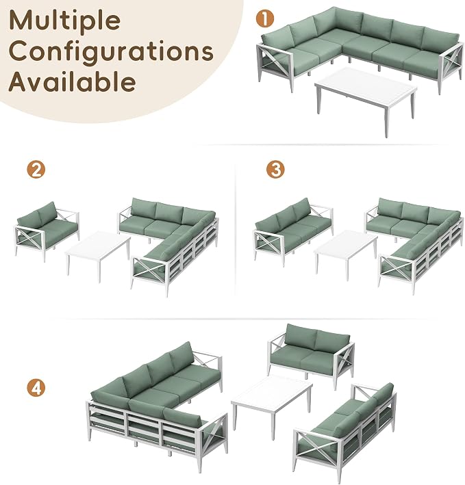 Patio Sectional Sofa Set 9 Seat Outdoor Conversation Set with Cushions, Aluminum Patio Furniture for Backyard Deck Garden Seating
