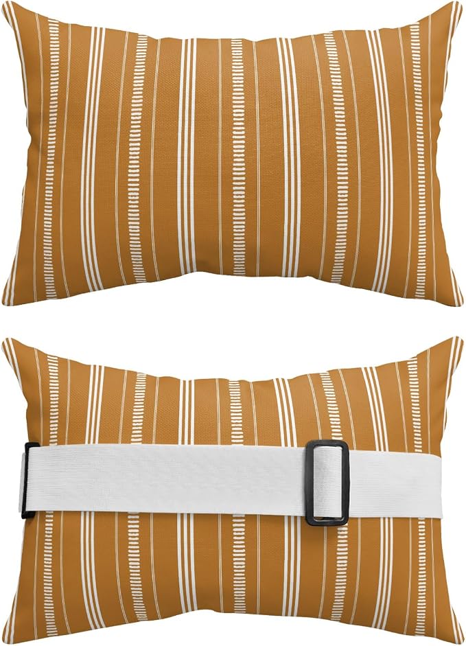 Outdoor Lumbar Pillows 11x16 Set of 2, Boho Burnt Orange Waterproof Throw Pillow Covers with Insert, Minimalist Farmhouse Striped Decorative Pillowcase Cushion for Couch Sofa Bed