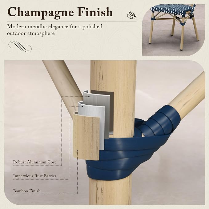 PURPLE LEAF 3-Piece French Bistro Dining Set Round Outdoor Patio Table and 2 Armless Chairs Tempered Glass Top PE Rattan Champagne Print Finish Aluminum Frame Navy Blue