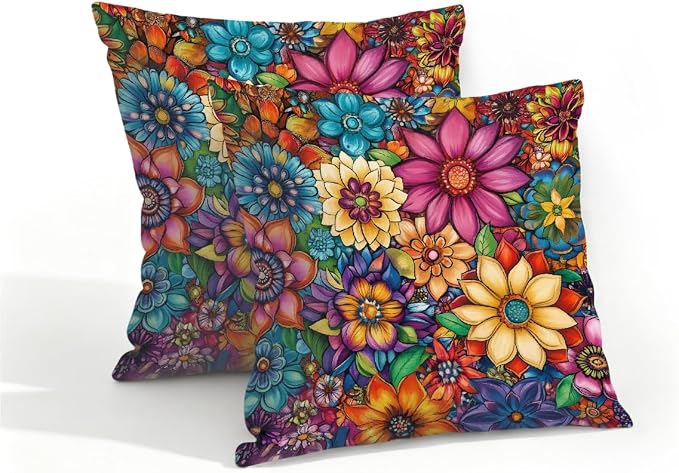 16x16 Inch Outdoor Pillow Covers Set of 2 Waterproof Throw Pillow Covers Decorative Couch Cushion Covers Bright Floral Mandala Square Pillowcases Protectors for Patio Garden Sofa