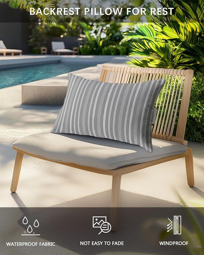 Pack of 2 Outdoor Lumbar Pillow Covers 12x20 Inch, Light Grey Striped Waterproof Throw Pillow Covers Set, Farmhouse Stripes Modern Vintage Indoor&Outdoor Decorative Cushion Cases for Patio Porch Car