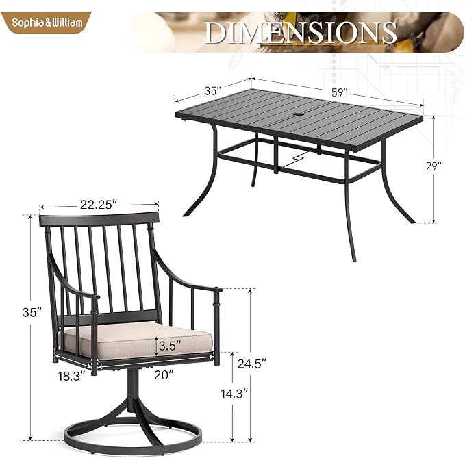 Sophia and William Patio Dining Set, for 6, Swivel Chairs | E-Coated and Steel, Rectangle Table, Swivel Chirs, Umbrella Hole, Weather-Resistant, Easy to Clean