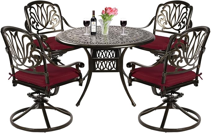 VIVIJASON 5-Piece Outdoor Patio Dining Set, All-Weather Cast Aluminum Conversation Set, Patio Furniture Set, Include 4 Swivel Dining Chairs, a 35.4" Round Table w/Umbrella Hole, Red Cushion
