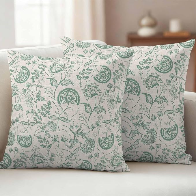 Outdoor Pillow Covers 16x16 Set of 2, Green Spring Floral Waterproof Patio Throw Pillow Covers for Couch Sofa Chair, Summer Botanical Vintage Farmhouse Decorative Pillowcases for Throw Pillows