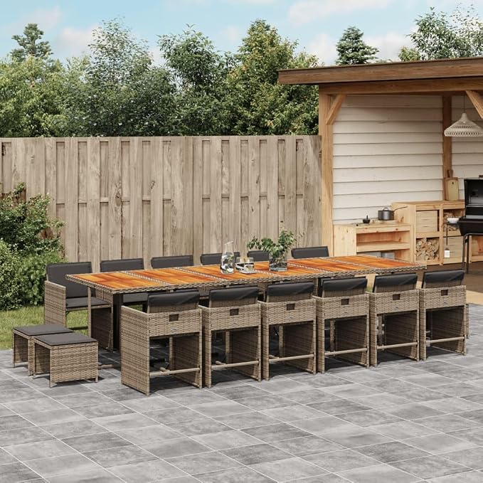 17 Piece Patio Dining Set with Cushions Gray Poly Rattan Outdoor Furniture Table and 12 Chairs for Garden Backyard Porch Acacia Wood Top Space Saving Foldable Design UV Proof
