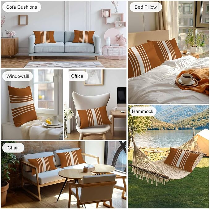 Lumbar Pillow Covers 20x12 Inch Set of 2, Burnt Orange Beige Striped Waterproof Outdoor Cushion Covers, Modern Farmhouse Retro Lines Decorative Pillowcases for Couch, Sofa, Bed, Garden, Patio