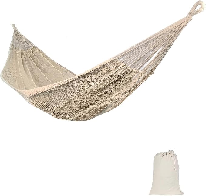 Double Mayan Handwoven Cotton Rope Hammock for Outdoor Indoor Patio Backyard, 79x59 Inch Bed, 480 lbs Capacity, 2 Person (White and tan)