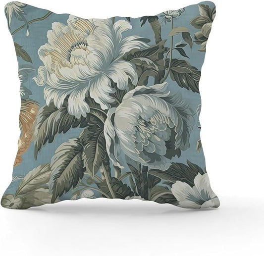 Spa On Flax Blue Chinoiserie Cushion Cases Grey Peony Asian Throw Pillow Cover Modern Square Couch Sofa Cushion Covers for Outside Couch Chair Patio 26x26 in