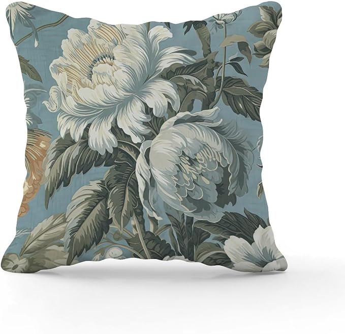Spa On Flax Blue Chinoiserie Cushion Cases Grey Peony Asian Throw Pillow Cover Abstract Decorative Cushion Covers Home Decor for Patio Couch Bench 24x24 in