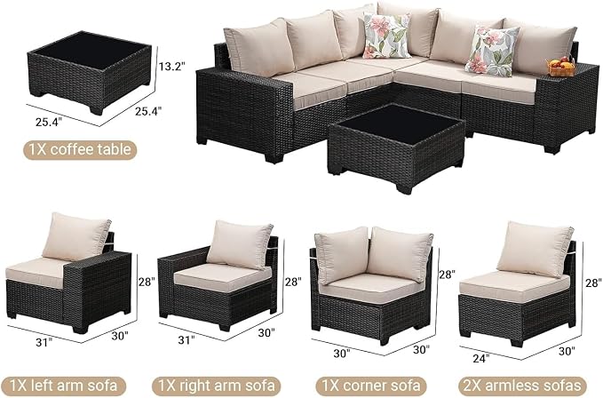 All Weather Outdoor Wicker Sectional Sofa Beige Rattan Conversation Seating 6 Piece Patio Furniture Set with Cushions Glass Table for Porch Garden Backyard