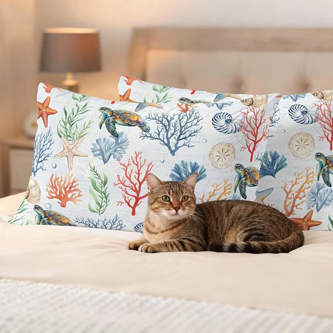 Summer Ocean Outdoor Waterproof Pillow Covers Pack of 2, Blue Nautical Sea Turtles Shells Corals Starfish Decorative Throw Pillowcases Cushion Covers for Garden Patio Tent Sofa Couch, 20x12 inch