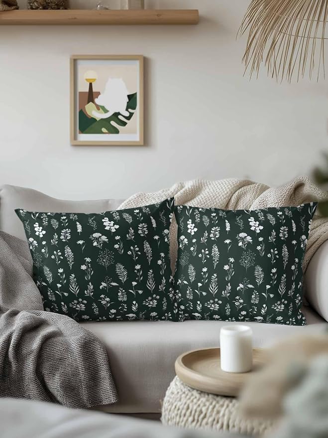 Outdoor Pillows with Inserts Set of 2 18x18, Dark Green Wildflowers Waterproof Outdoor/Indoor Throw Pillows, Farmhouse Botanical Garden Floral Decorative Pillow for Bed Couch Sofa Patio Furniture