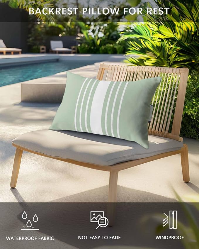 Pack of 4 Outdoor Lumbar Pillow Covers 11x16 Inch, Sage Green White Stripe Waterproof Throw Pillow Covers Set, Modern Rustic Vertical Striped Indoor&Outdoor Cushion Cases for Patio Porch Beach