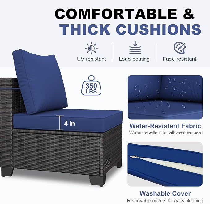 7 Pieces Patio Furniture Set, Outdoor Sectional Rattan Sofa Set, Wicker Patio Conversation Set with Cushions and Glass Coffee Table, for Balcony, Porch, Garden, (Brown/Blue)