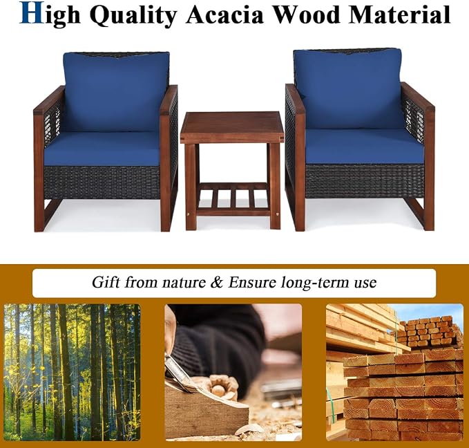 Tangkula 3 Pieces Patio Wicker Furniture Set, Rattan Outdoor Sofa Set w/Washable Cushion & Acacia Wood Coffee Table, Conversation Bistro Set for Garden Balcony Backyard (Blue)
