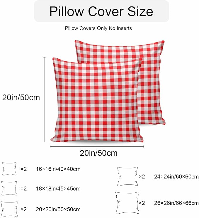 Outdoor Waterproof Throw Pillow Covers Set of 2 Red White Buffalo Plaid Pillowcases 24x24 Inches Pastoral Checked Decorative Pillows Cushion Case Patio Pillows for Couch Bed Chair Garden