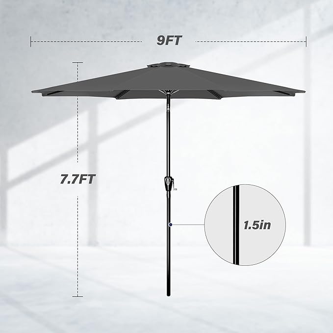 Simple Deluxe 2 Pack 9FT Outdoor Patio Umbrella Table Market Umbrella with Push Button Tilt and Crank, 8 Sturdy Ribs, UV Protection Waterproof for Garden, Lawn, Deck, Backyard, Pool, Grey
