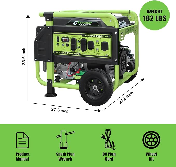 Green-Power America 10500 Watt Gasoline Powered Generator, Electric & Recoil Start, 120V/240V, 12V/8.3A Outlet, Whole House Backup, RV & Job Site Ready, EPA Approved