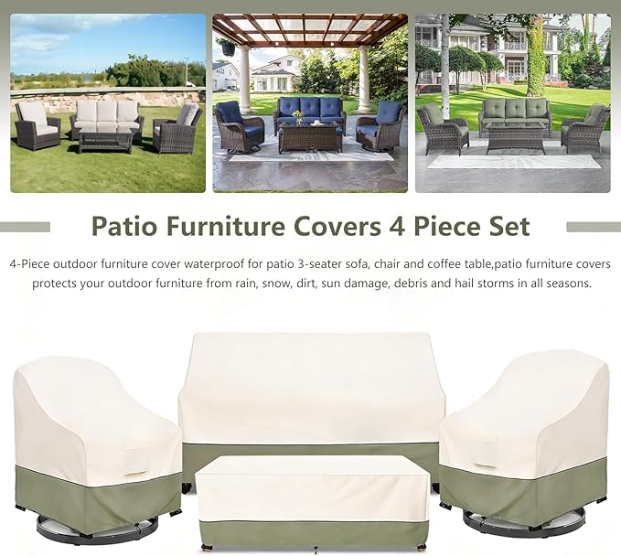 Bitubi Outdoor Waterproof Patio Furniture Covers 4-Piece Set for Swivel Rocker Chairs, Patio Loveseat 58in, Coffee Table 48in, Heavy Duty 600D Tough Canvas, Beige