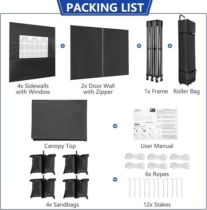 COBIZI 10x20 Pop up Canopy Tent Heavy Duty with 6 Sidewalls, Easy Set-up Commercial Outdoor Party Tents, 100% Waterproof Wedding Gazebo, 3 Height Adjustable with Wheeled Bag, Jet Black