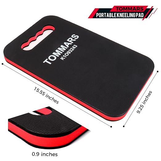 TOMMARS 0.9 Inch Thick Mechanic Kneeling Pad, 15.55 x 9.25 Inches | High-Density PE Foam Knee Cushion with Double-Sided Nonslip Surface and Carry Handle for Gardening, Yard Work and Repairs