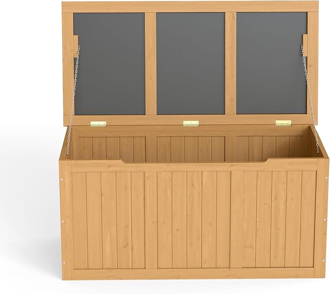 Domesto 112 Gallon Extra-Large Outdoor Deck Box, Solid Wood Storage Box Seat & Table Top, For Patio Cushions, Pool, Garden Tools (Light Brown, 67 Gallon)