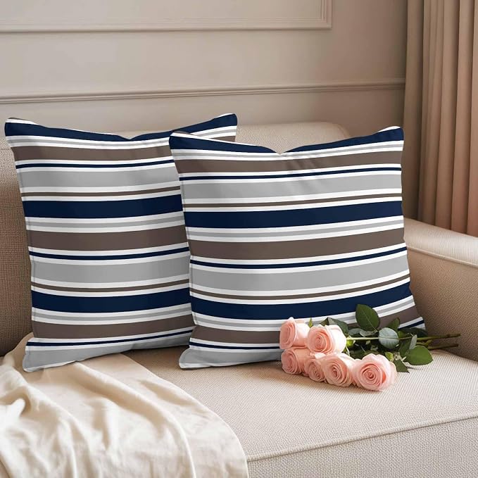Grey Navy Blue Striped Outdoor Pillow Cover 18x18 Inch Cushion Sham Case, Farmhouse Stripes Modern Abstract Art Waterproof Decorative Square Throw Pillowcase for Outside Garden Patio Porch Couch Chair