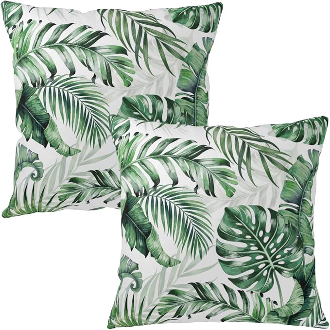 Palm Leaf Pillow Covers Tropical Monstera Leaves Throw Pillow Covers 18x18 Set of 2 Hawaiian Green Pillow Cases Summer Banana Tree Outdoor Cushion Cases for Home Farmhouse Garden