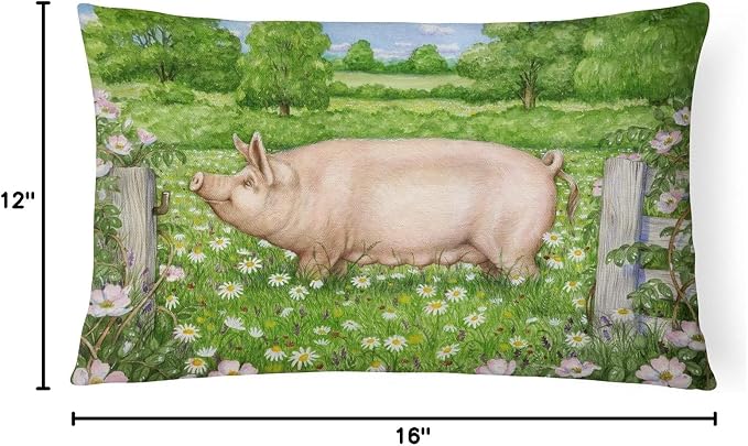 Caroline's Treasures CDCO0374PW1216 Pig in Dasies by Debbie Cook Canvas Fabric Decorative Pillow Machine Washable, Indoor Outdoor Decorative Pillow for Couch, Bed or Patio, 12HX16W