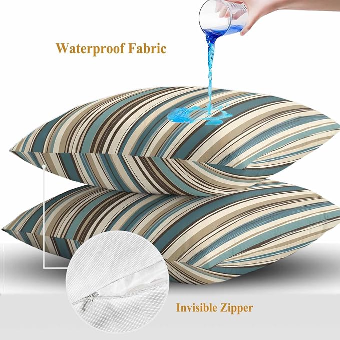 Boho Vertical Stripes Outdoor Waterproof Throw Pillow Covers Set of 2, 24"x24", Green Beige Simple Lines Decorative Pillow Covers Outside Cushion Case for Patio Porch Garden