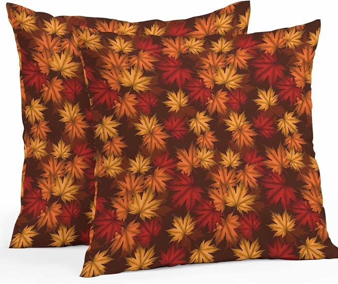 Brown Thanksgiving Outdoor Waterproof Pillow Covers, Fall Maple Leaves Farmhouse Vintage Decorative Square Throw Pillowcase Sofa Cushion Sham for Patio/Couch/Chair, 16"x16" 2 Pack