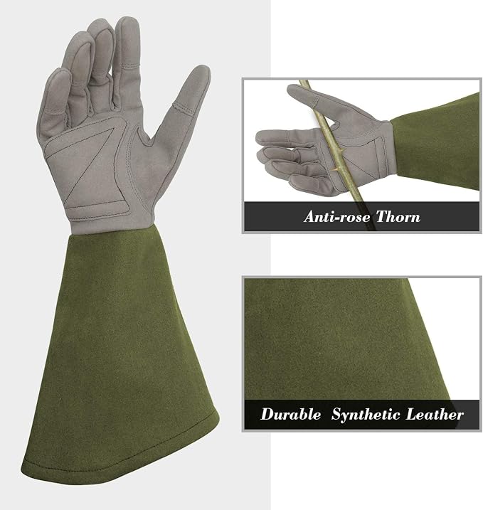 Rose Pruning Gloves with Forearm Protection, Thorn Resistant | Embroidery Design with Extra Long Cuff for Gardening and Pruning Tasks