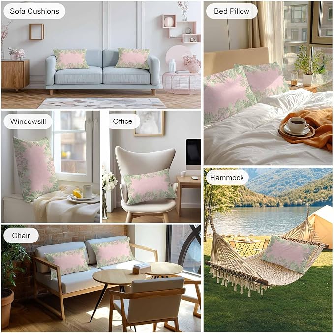 Vandarllin Outdoor Throw Pillows Covers 20x12 inch Set of 2 Waterproof Sage Green Leaves Decorative Zippered Cushion Covers for Patio Furniture, Spring Floral Plants Pink Lumbar Pillowcases