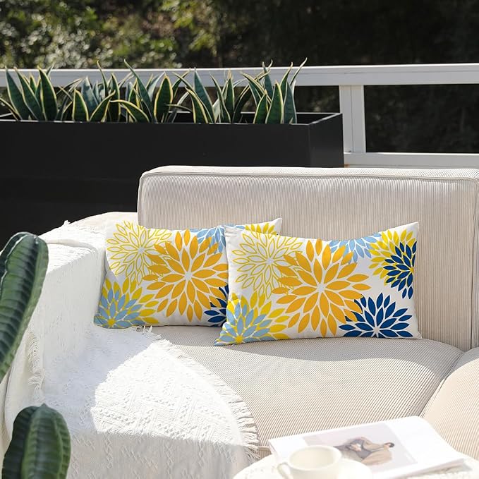 DFXSZ Outdoor Waterproof Pillow Covers 12x20 Set of 2 Yellow Blue Flower | Spring Summer Waterproof Flower Throw Pillowcases（No Inserts）Outdoor Decor for Patio Funiture Garden Polyester Covers
