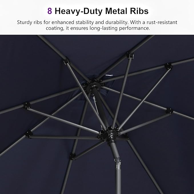PURPLE LEAF 9' Round Patio Market Umbrella with Base Outdoor Table Umbrellas Aluminum Frame Sun Shade with 8 Sturdy Ribs Tilt for Garden Deck Lawn Pool Navy Blue