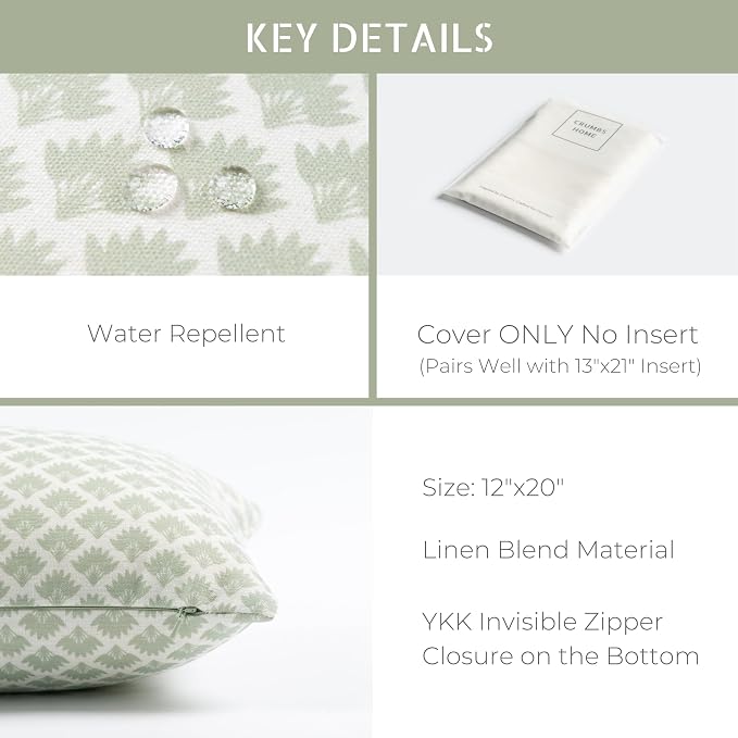 Modern Farmhouse Fall Linen Indoor Outdoor Lumbar Pillow Cover Only, 12"x20" Water Repellent for Patio, Backyard, Couch, Light Green Neutral Ravenala Palm Tree