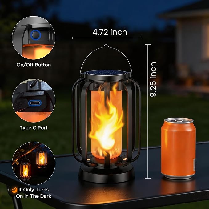Hompavo Gen2 Solar Lanterns Outdoor Lights with Ultra-Real Flame | USB/Solar Charging & 4-Mode, Waterproof Decorative Hanging/Table Light for Pathway Yard Patio Garden Decor Gifts for Women, 2