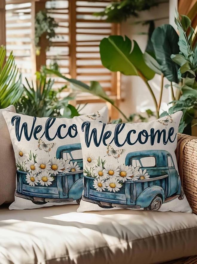 Outdoor Waterproof Throw Pillows Farm Blue Truck Daisy Flower Butterfly Patio Pillows Pack of 2,Decorative Pillow Covers with Insert,Pillow Cushion Case for Garden Couch Sofa Welcome Text on Burlap