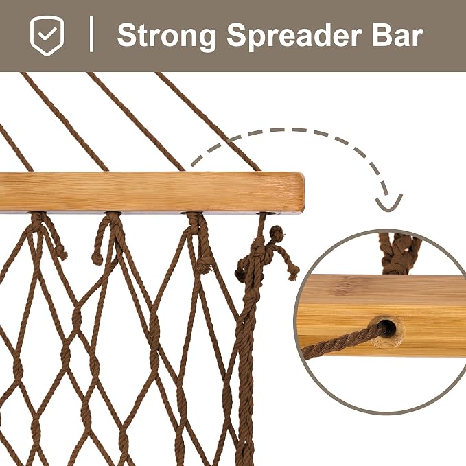 SUNCREAT Hanging Backyard Rope Hammock with Spreader Bar, Carrying Bag, 450 lbs Capacity, Portable Two Person Hammock with Tree Hooks, Brown