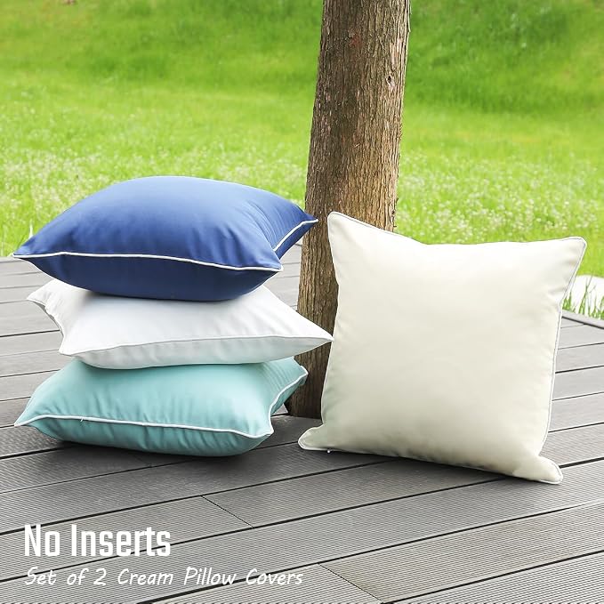 JOJOGOGO Beige Outdoor Decorative Throw Pillow Covers 18x18 Waterproof Set of 2, Farmhouse Outdoor Sunproof Porch Pillows 18 x 18 for Couch Sofa and Patio Furniture (with White Piping)