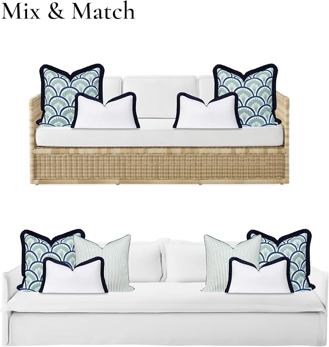 Hofdeco Premium Coastal Grandmillennial Patio Indoor Outdoor Lumbar Pillow Cover Only, 12"x20" Water Repellent for Backyard, Couch, Poolside, White Navy Blue Solid