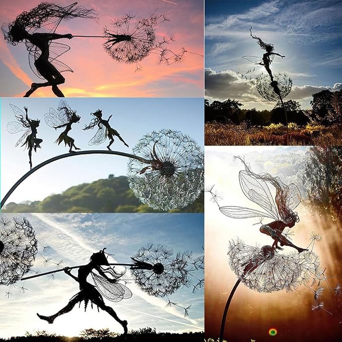 Fcteap Flower Fairy Dancing with Dandelion Garden Art Sculpture Stainless Steel Statue Christmas Halloween Decoration for Outdoor Yard Courtyard Lawn Patio Metal Ornaments (Three Persons)