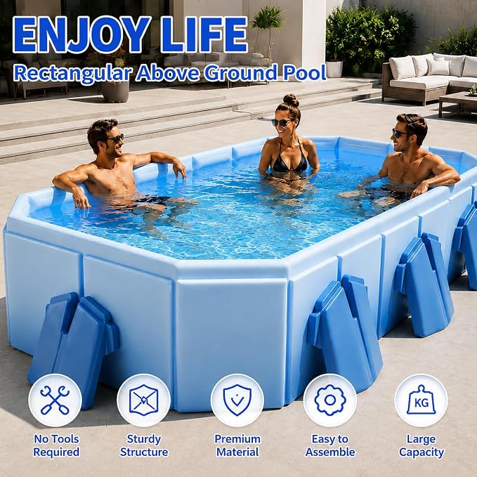 Rectangular Above Ground Pool with Ground Cloth, Easy Setup, Quick Drain | Thick PVC, Stable Support, Easy Setup, Drain Plug, Ground Cloth
