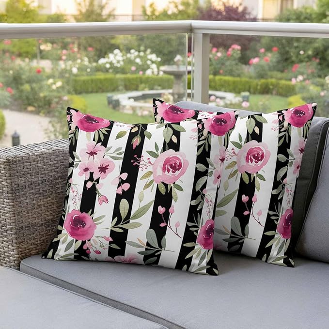 Outdoor Throw Pillow Covers Waterproof Pillow Cases 18x18in Watercolor Pink Floral Decorative Cushion Cases for Couch Sofa Patio Garden 2 Pack Black and White Stripes