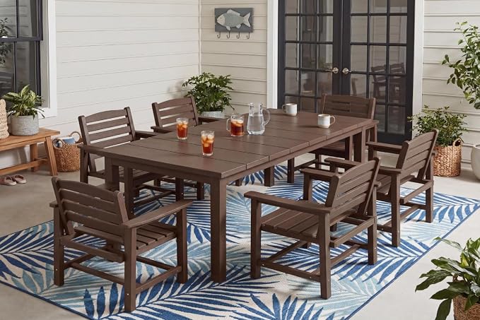 Perli™ 7-Piece Outdoor Dining Set, All-Weather HDPE Patio Furniture with 6 Ergonomic Chairs & Large Table, Built-in Umbrella Hole, UV-Resistant Set for Backyard, Deck, Poolside, Coffee